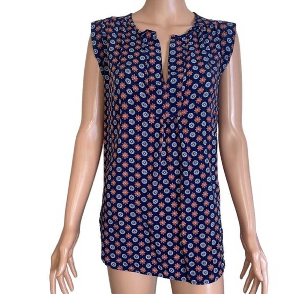 LOFT women's Navy blue geometrical pattern sleeveless lightweight blouse SZ M